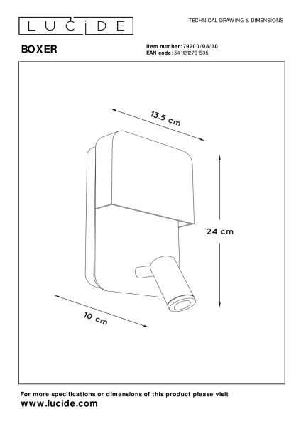 Lucide BOXER - Lámpara de cabecera / Lámpara de pared - LED - 3000K - Con punto de carga USB - Negro - TECHNISCH